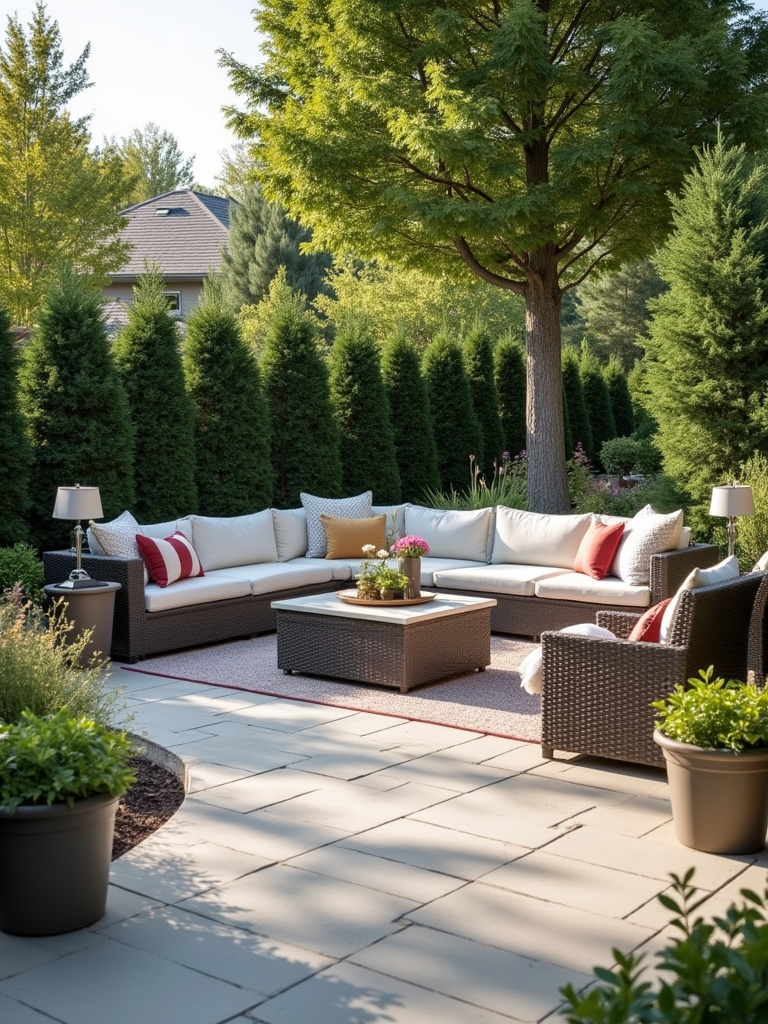 A stylish back porch featuring a built-in bench with cushions and throws.