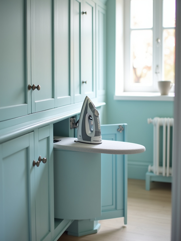 A light blue laundry room cabinet showcasing a cleverly concealed built-in ironing board, demonstrating space-saving and convenient design.