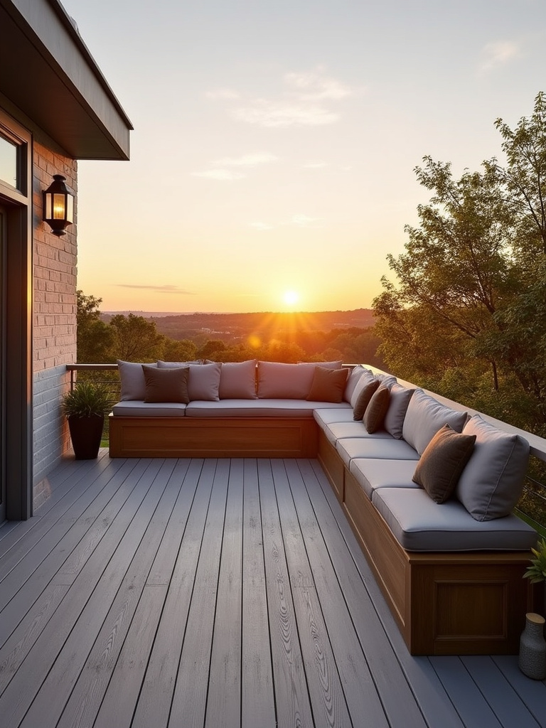 Deck railing with built-in wooden bench seating overlooking a sunset.