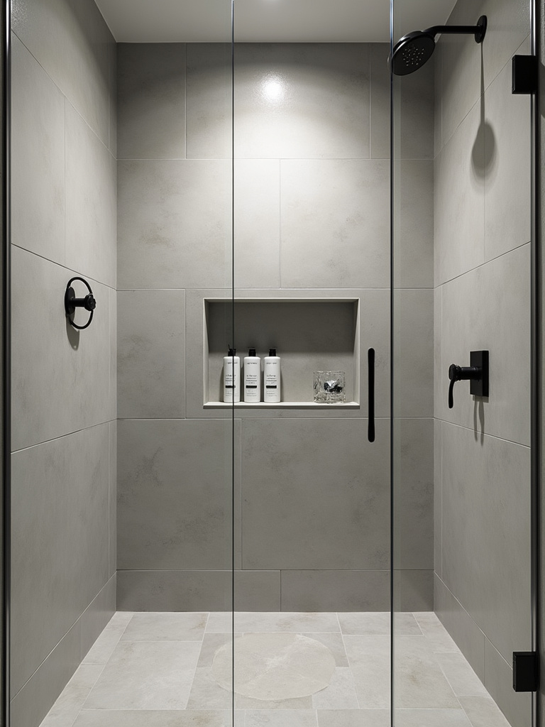 Minimalist walk-in shower with a built-in tiled niche for seamless storage of toiletries.
