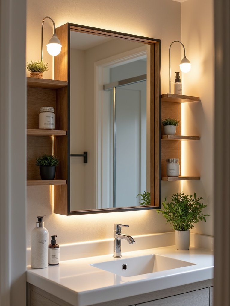 Bathroom with a rectangular mirror featuring built-in wooden shelves for storage and display.