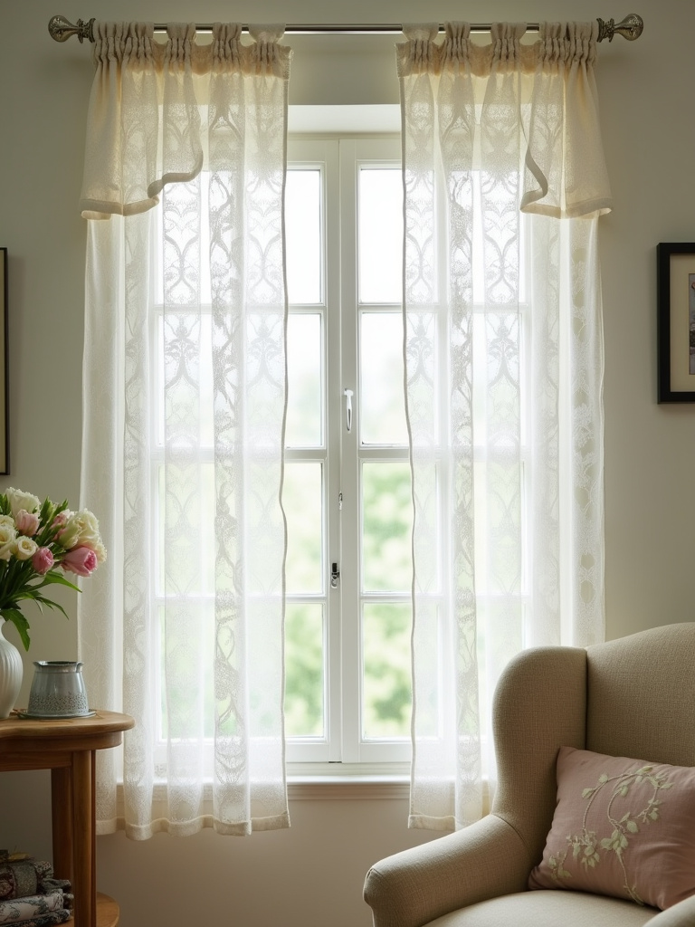 Charming lace cafe curtains providing partial light control and a cozy feel in an interior