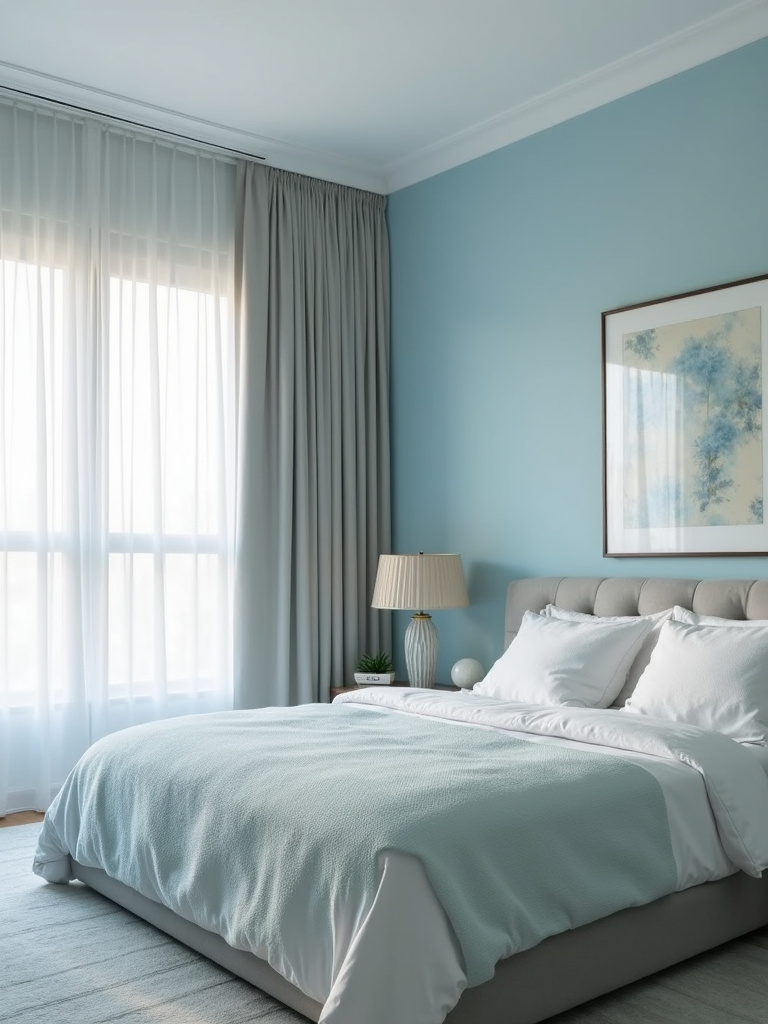 A calming color palette of light blues and greys creates a soothing master bedroom environment.