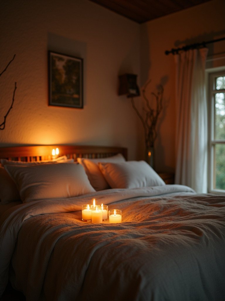 Rustic bedroom lit with candles.