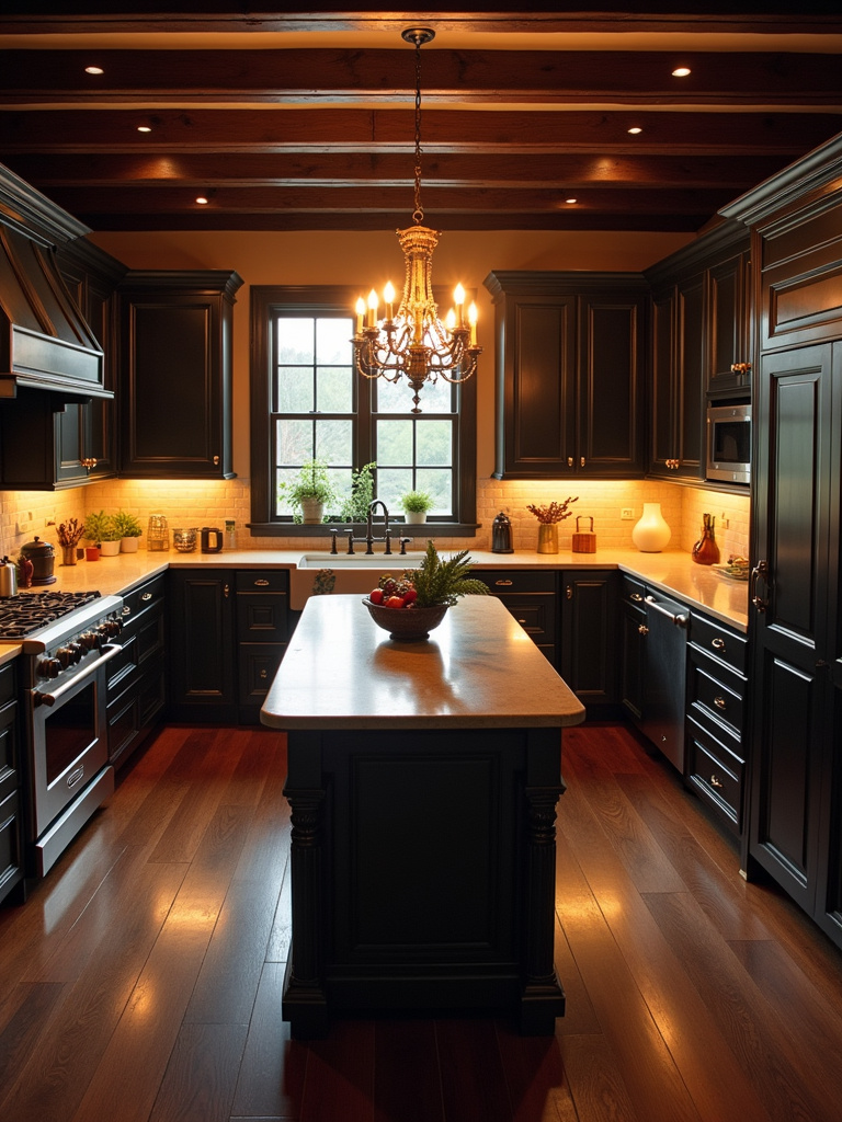 Traditional style kitchen with a candle style chandelier above a dining table.