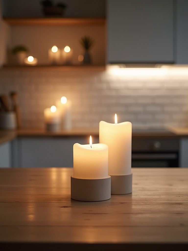 White pillar candles in minimalist candle holders on a light wood countertop in a cozy Scandinavian kitchen