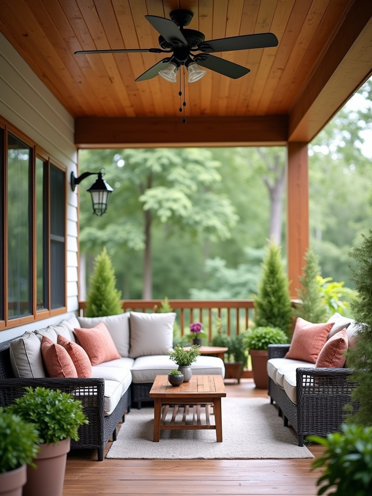 A comfortable back porch featuring an outdoor ceiling fan.