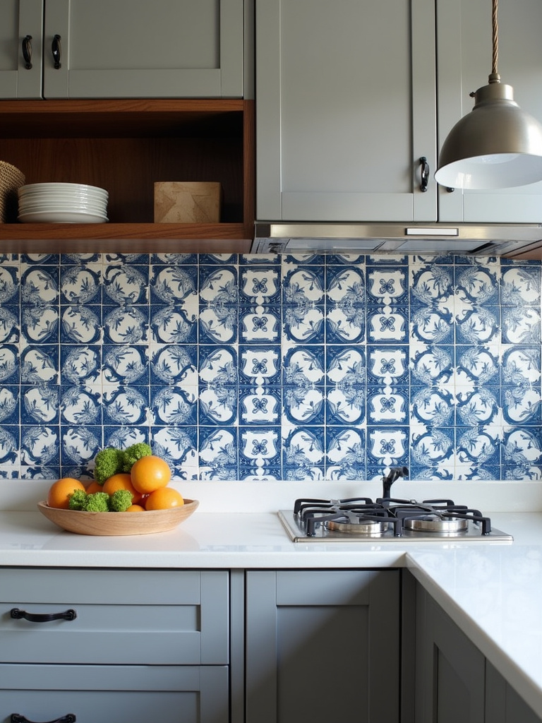 A detailed shot of a custom designed, geometric cement patterned backsplash with a highly contrasting look and intricate patterns.
