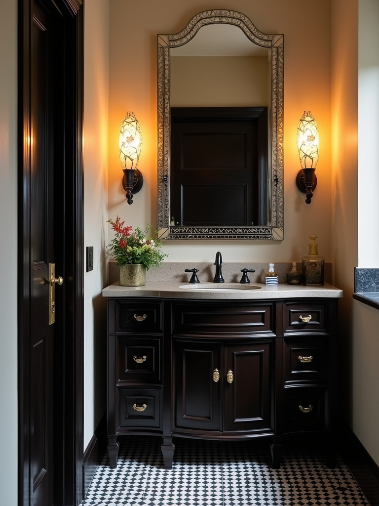 Art Deco bathroom with ceramic vanity sconces adding unique style and geometric flair.