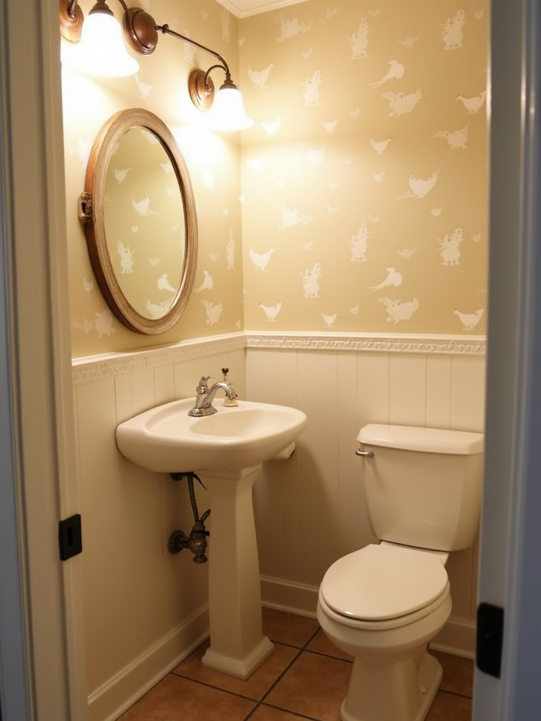 Charming farmhouse bathroom featuring light beige wallpaper with a subtle white chicken motif pattern, adding a whimsical country detail.