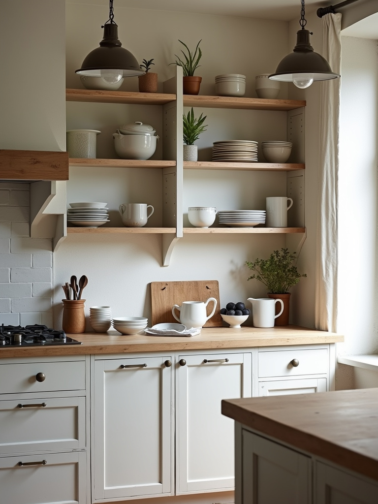 A warm, inviting farmhouse-style kitchen with a charming, rustic touch and open cabinetry for showcasing vintage tableware.