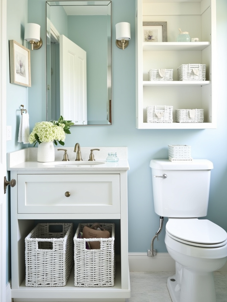 Coastal style bathroom featuring white wicker baskets used for storage on shelves and under the vanity.