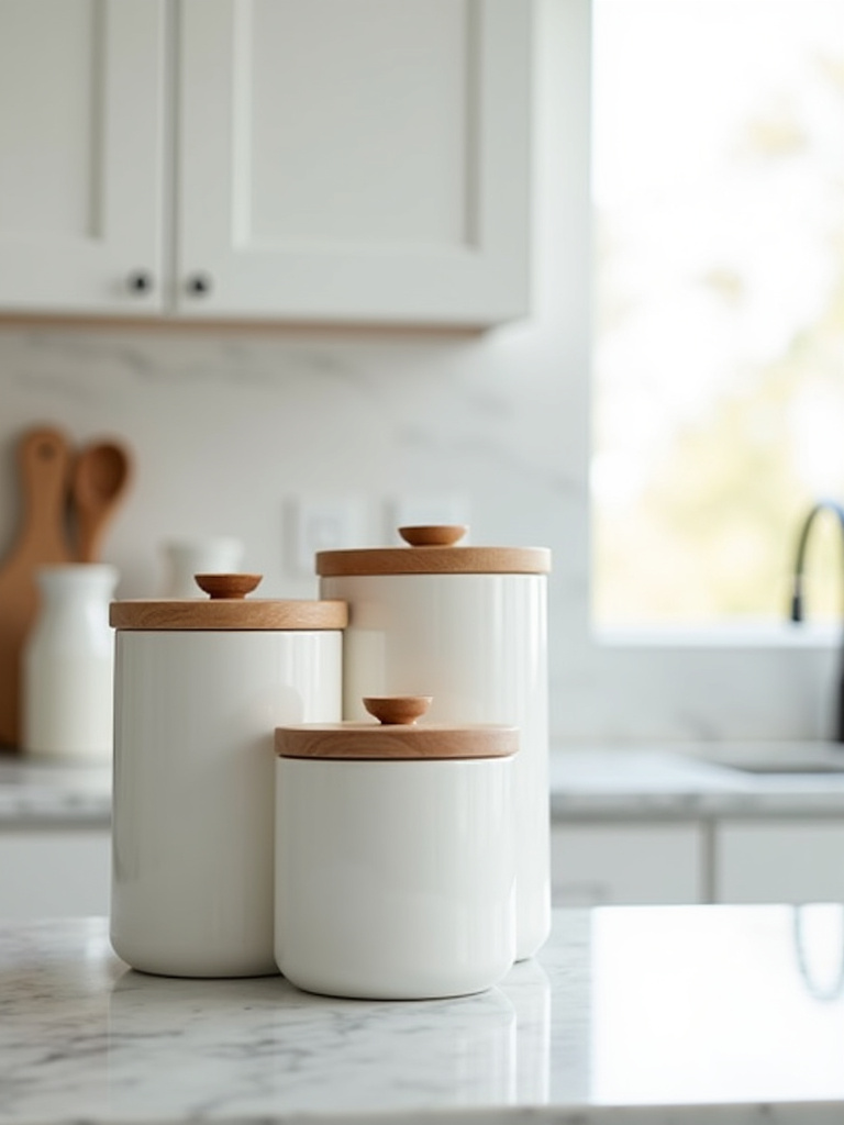 Set of white ceramic canisters with wooden lids on a marble kitchen countertop.