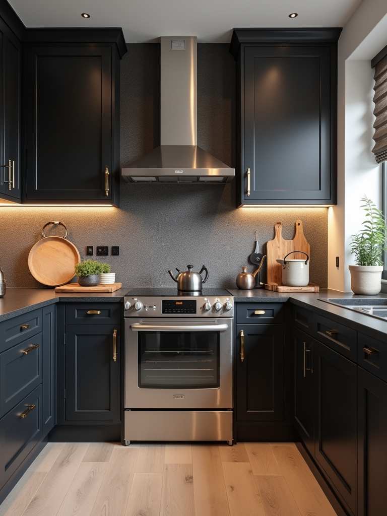 A chic kitchen interior featuring textured wallpaper with the help of soft ambient lighting.