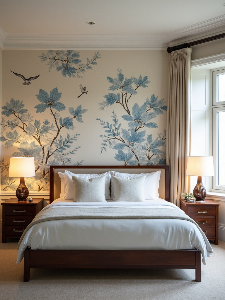 An elegant bedroom featuring a cream and blue Chinoiserie style wallpaper with flowers and bird motifs, a low wooden bed frame, side tables and stylized Chinese table lamps, enhanced by soft ambient lighting.