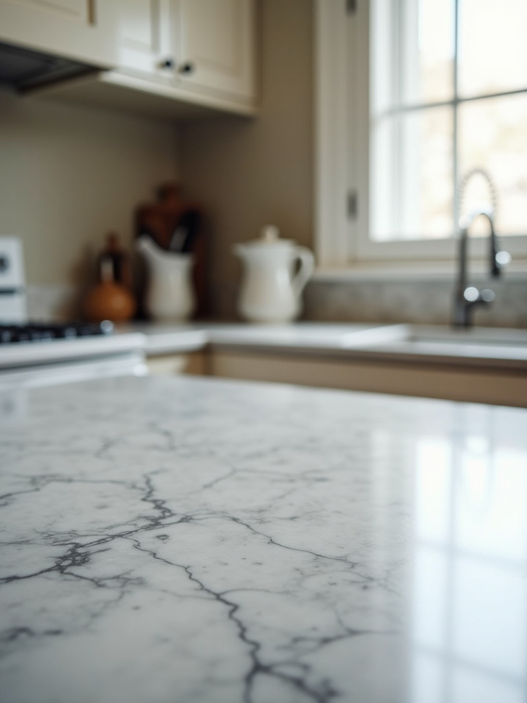 Elegant marble countertop in a traditional kitchen with grey veining.