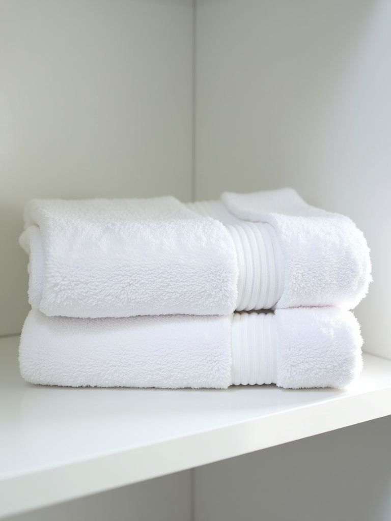 Minimalist bathroom shelf with neatly folded textured white towels.