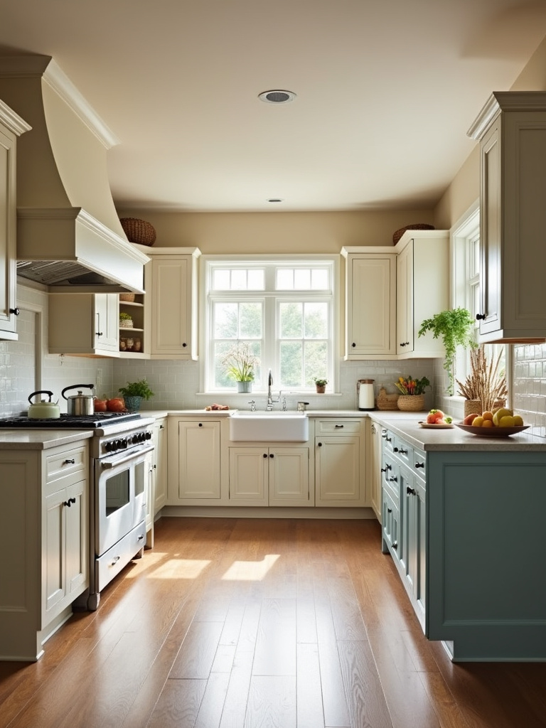 Traditional kitchen with a warm neutral color palette and muted blue accents.