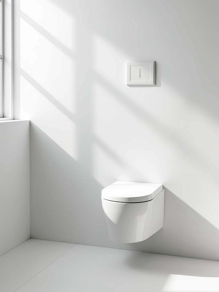 White minimalist bathroom with a wall-hung toilet and clean lines.