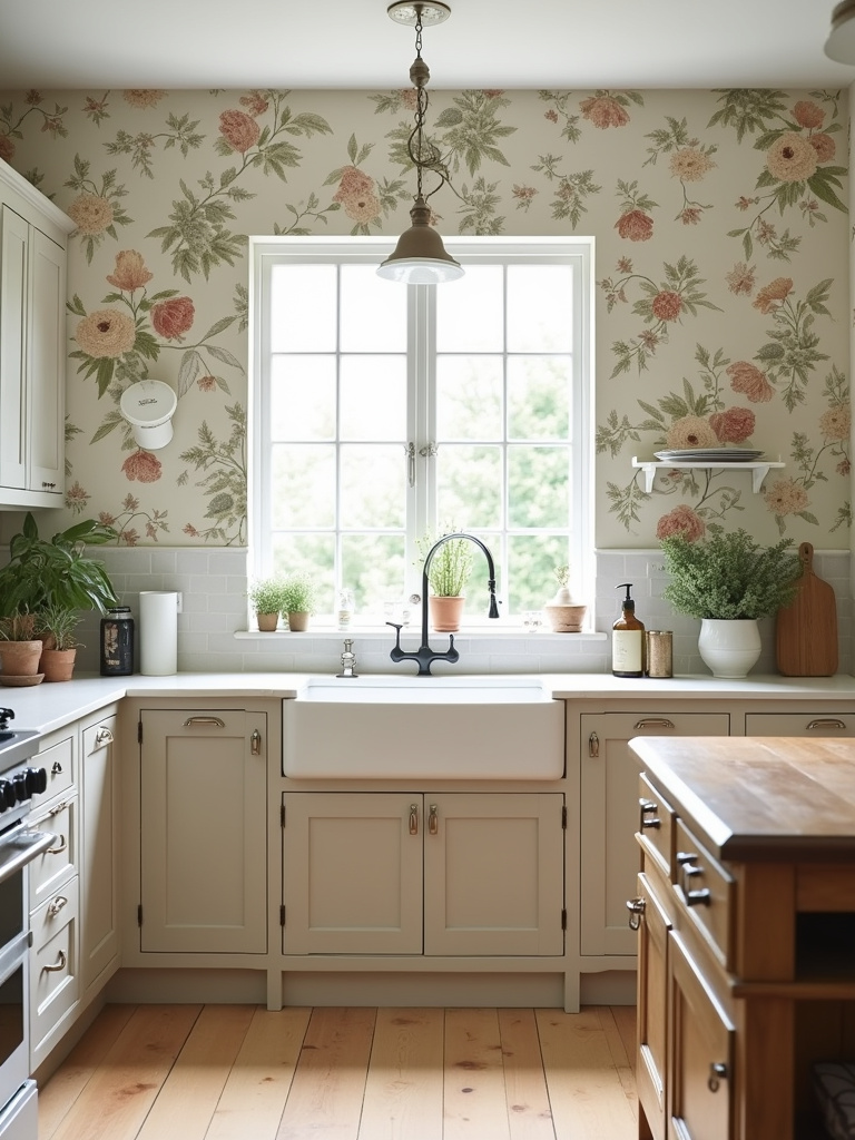 A bright kitchen using a classic botanical print wallpaper on the walls for an organic touch.