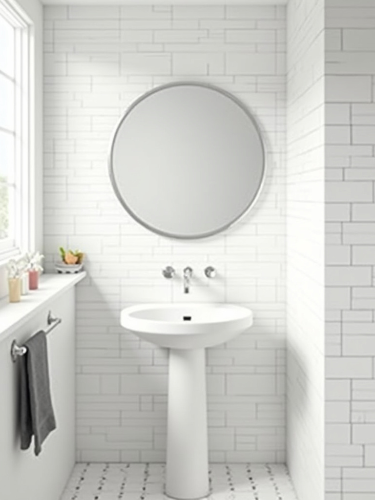 Bright bathroom featuring classic white ceramic subway tile walls, a pedestal sink, and natural light.
