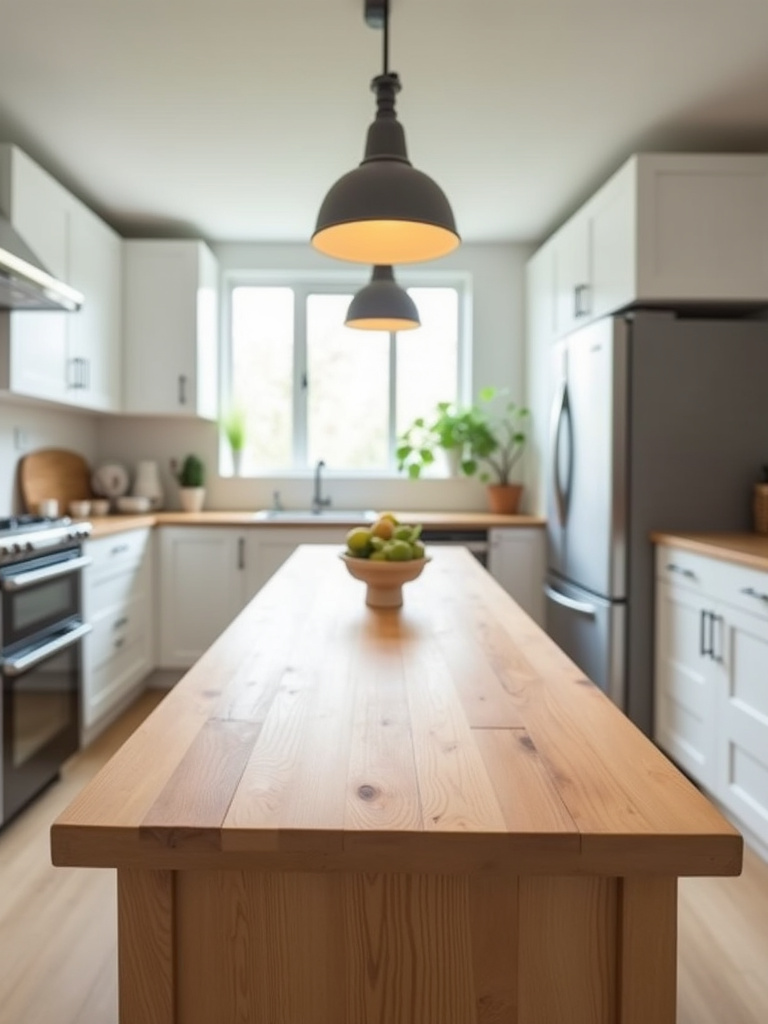 A well lit modern kitchen with a classic pendant light hanging above a wooden table.