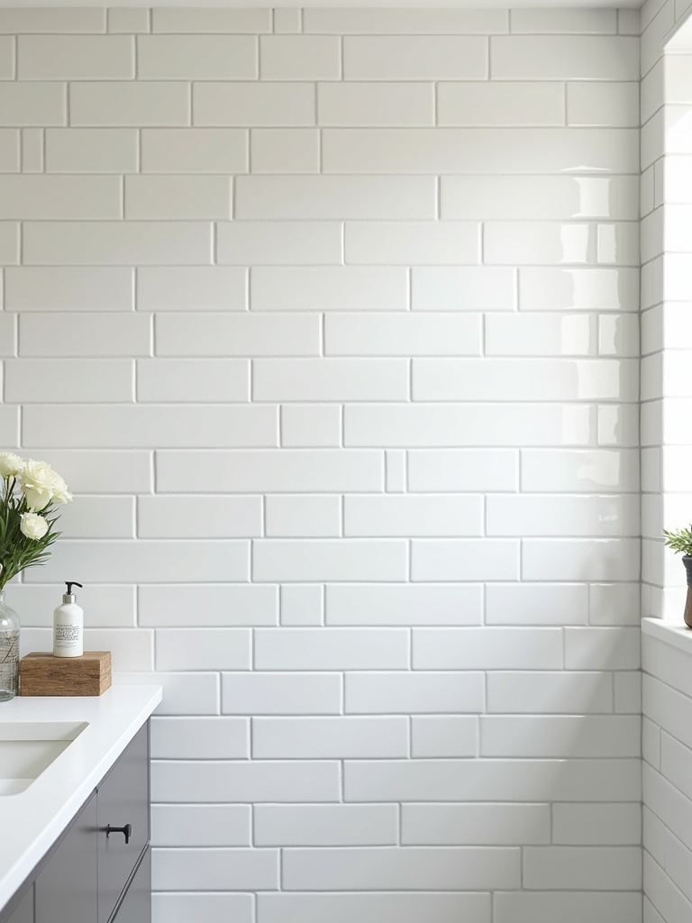 A bathroom wall tiled with white subway tiles and light gray grout, illuminated with soft natural daylight.