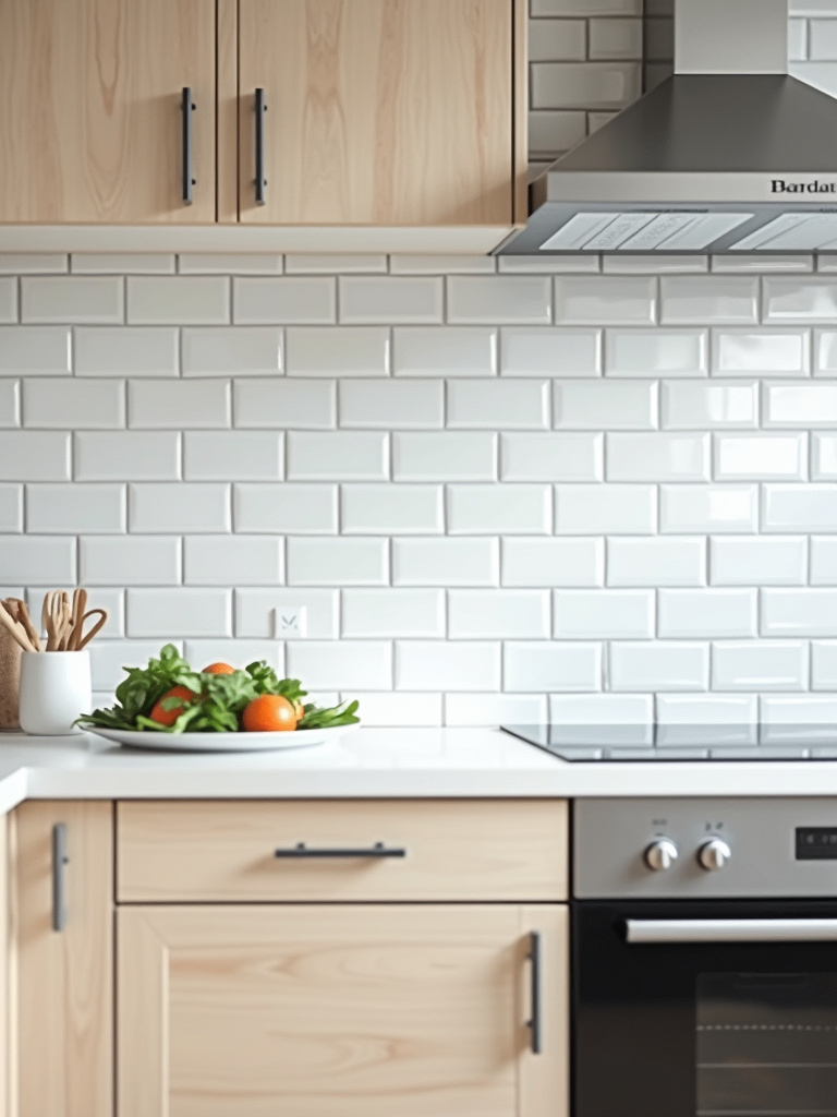 A bright and modern kitchen with a white subway tile backsplash, showing the pattern and texture of the tiles across the whole area.