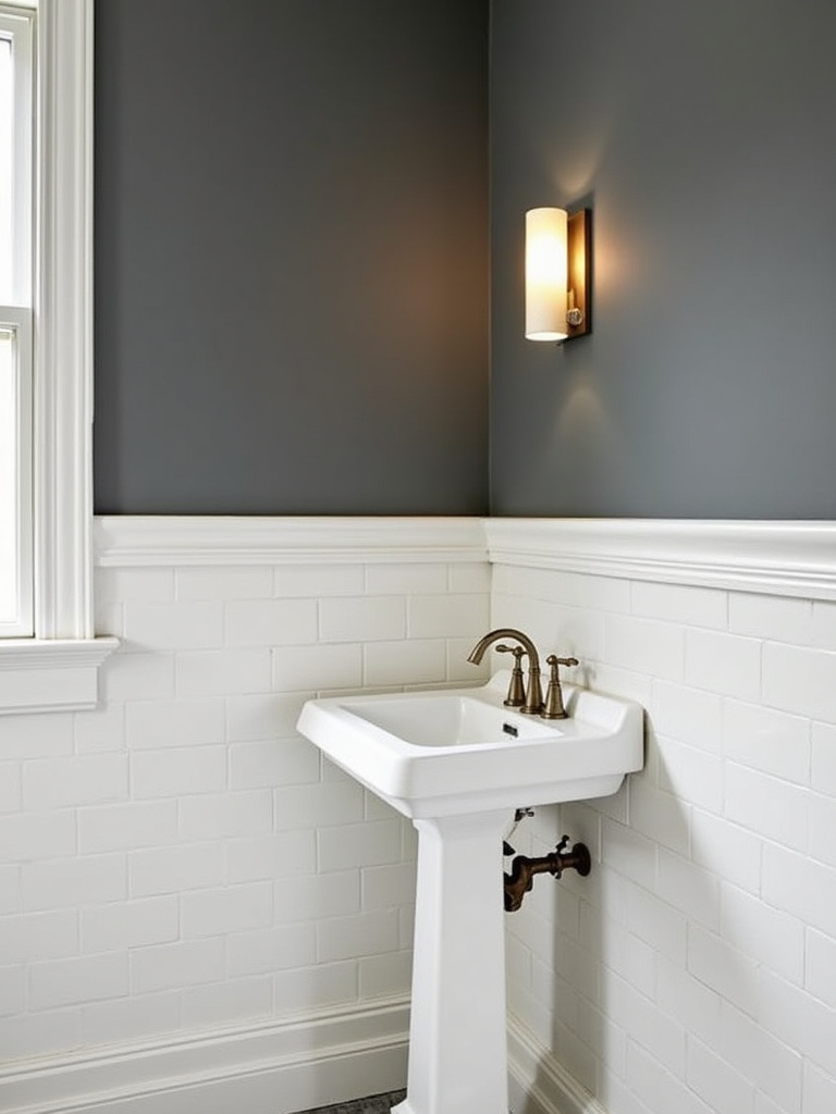 Classic bathroom with white subway tile wainscoting and a dark gray painted wall above.