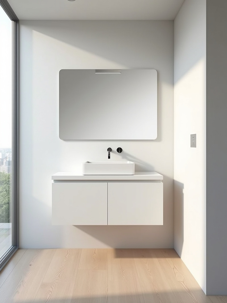 Minimalist bathroom featuring a clean white floating vanity with a rectangular sink and wall-mounted faucet.