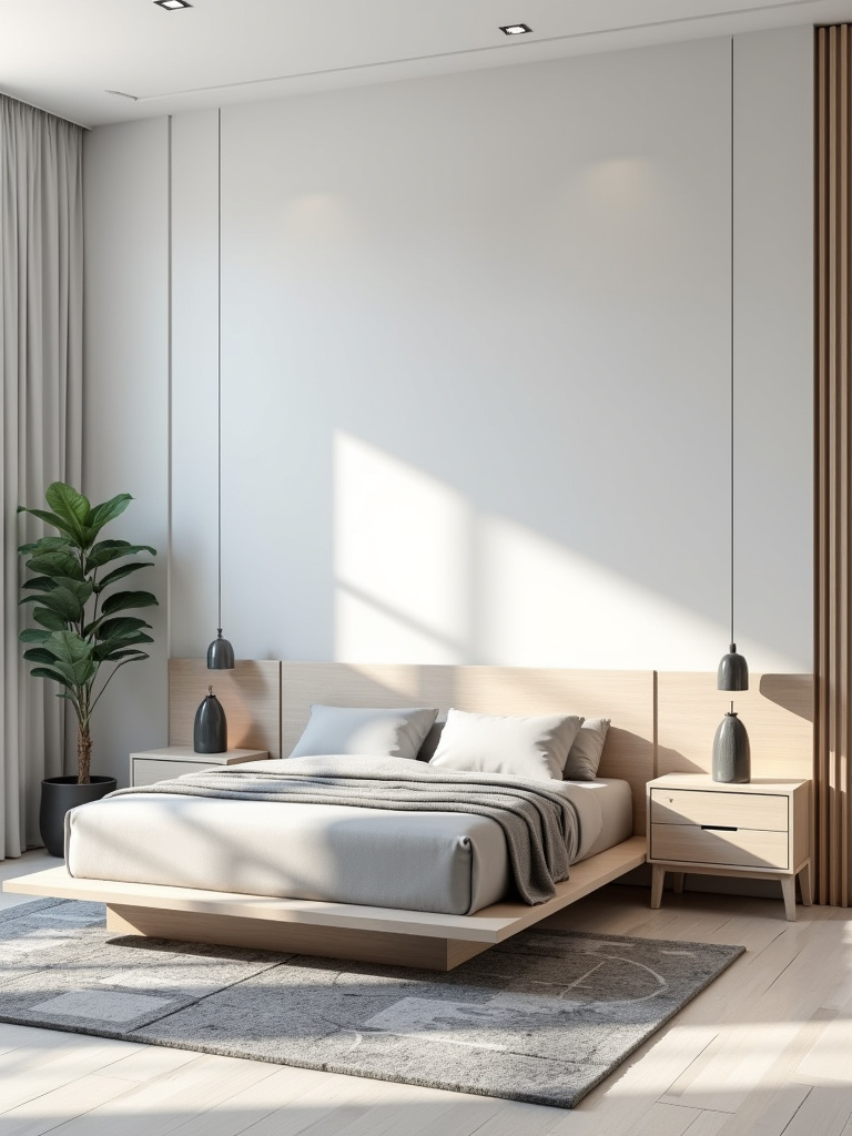 Modern bedroom with clean lines, geometric rug, and minimalist furniture.