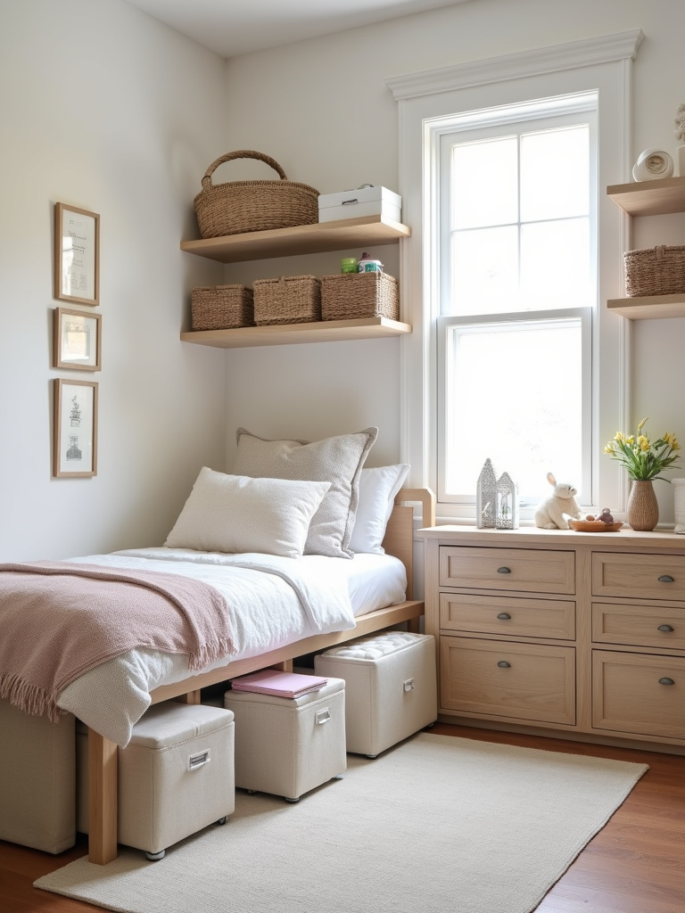 Organized kids bedroom with clever storage solutions like ottomans and shelves.