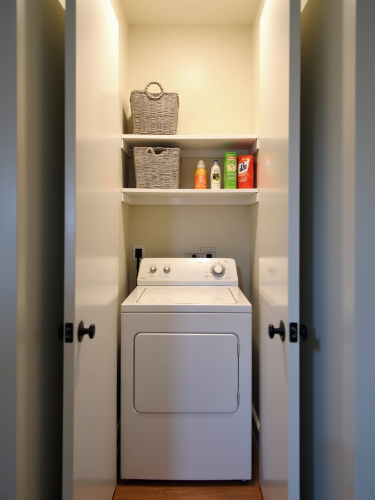 A closet transformed into a mini laundry nook with a stackable washer and dryer and shallow shelving, demonstrating a space-saving solution for small homes.