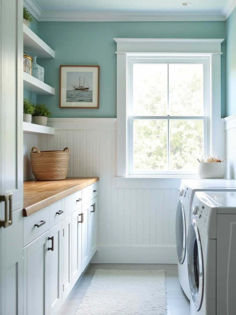“Serene coastal blue laundry room with bright natural light, featuring light blue walls, white beadboard wainscoting, white cabinets, a butcher block countertop, and coastal decor.”