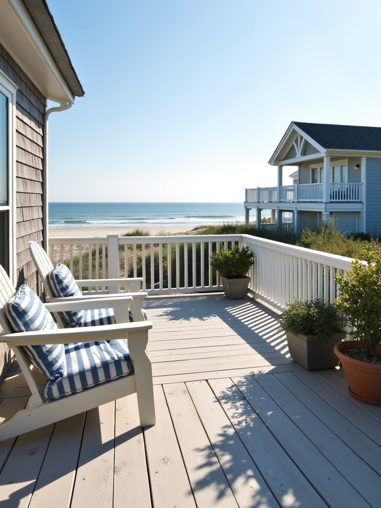Classic white picket railing on a deck overlooking a beach.