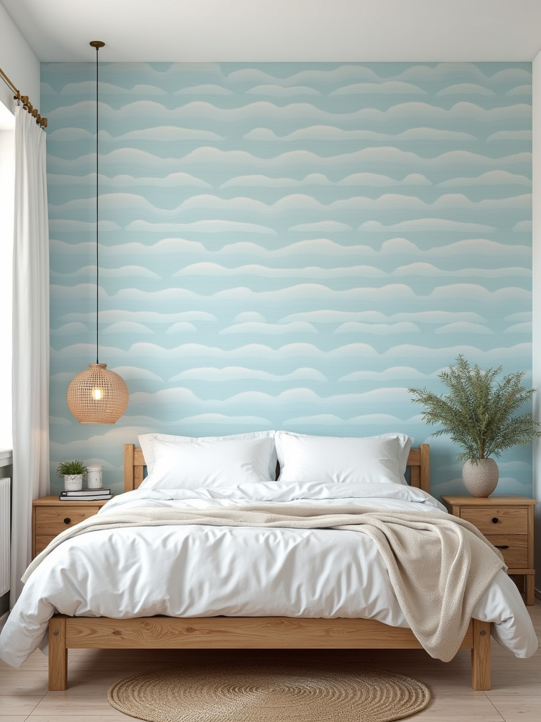 A relaxing coastal bedroom featuring a light blue wave patterned wallpaper, natural wood elements, white linens and a woven pendant light, gently illuminated with diffused natural light from the corner window.