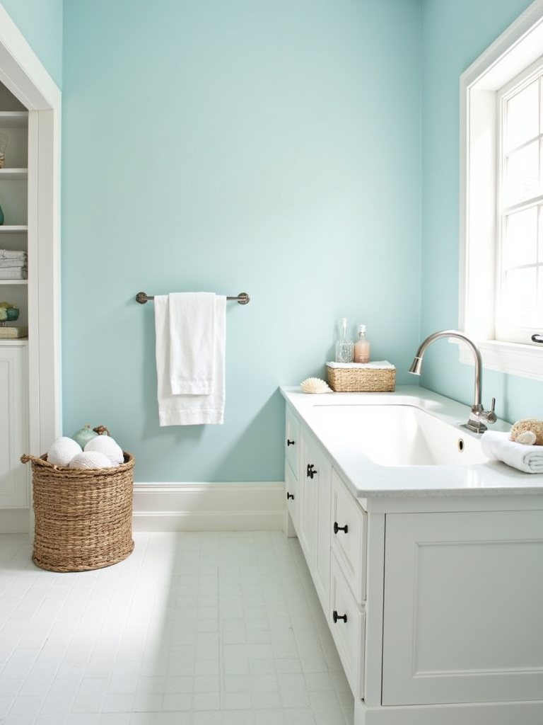 Coastal style bathroom with light blue walls, a white vanity, seashell accents, and woven baskets.