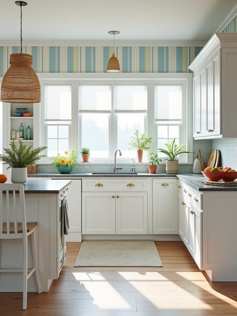 A coastal kitchen with a beachy vibe, enhanced by striped wallpaper and lots of bright daylight coming from the window.