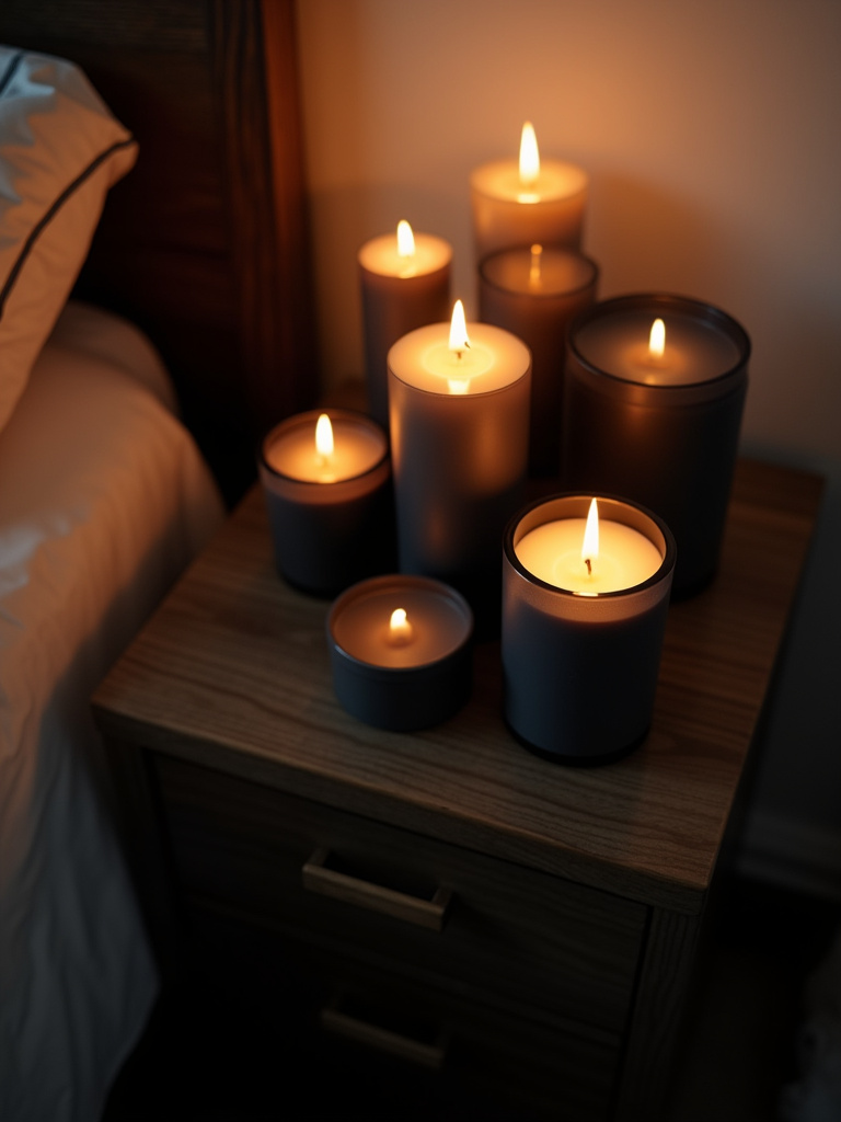 Collection of black scented candles creating ambiance in a bedroom.
