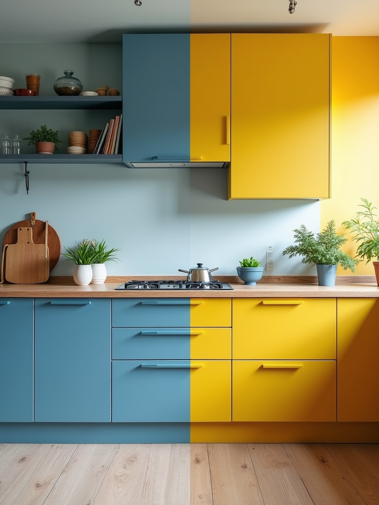 Split image showing calming blue kitchen vs. energetic yellow kitchen illustrating color psychology.