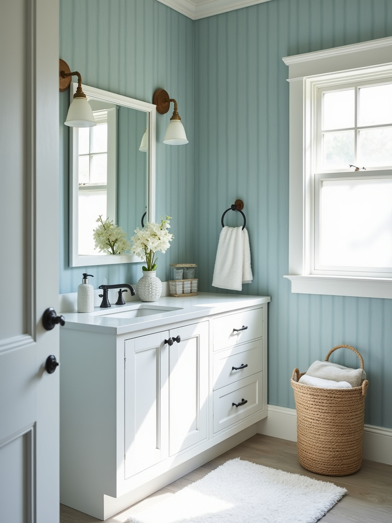Serene farmhouse bathroom featuring muted blue color wash wallpaper, creating a calming and tranquil atmosphere.
