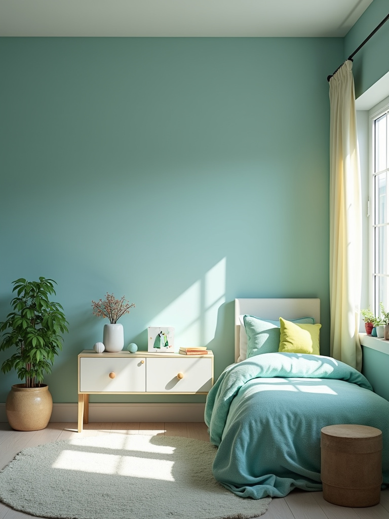 Kids bedroom using color psychology with calming blue and green color palette.