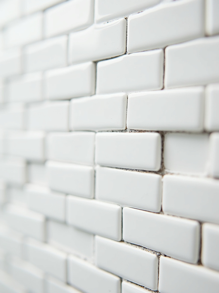 A bathroom wall with white rectangular tiles and dark gray grout, enhanced by soft, natural window light.