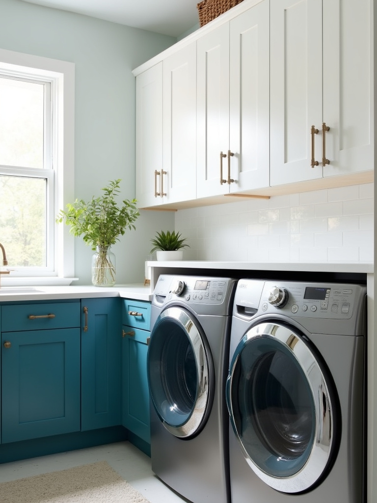 “Refreshed laundry room with colorful cabinets, featuring teal blue lower cabinets and white upper cabinets, white countertops, stainless steel appliances, and bright natural light.”