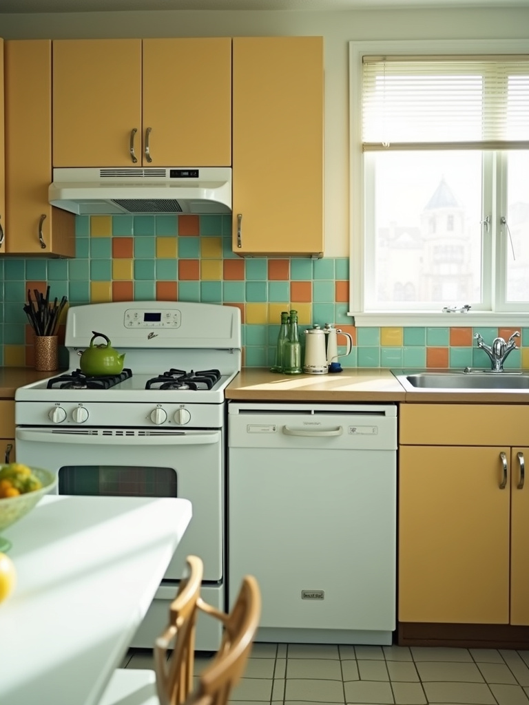 “Retro-modern kitchen with a vibrant teal, yellow, and orange square ceramic tile backsplash, white retro appliances, and light wood cabinets.”