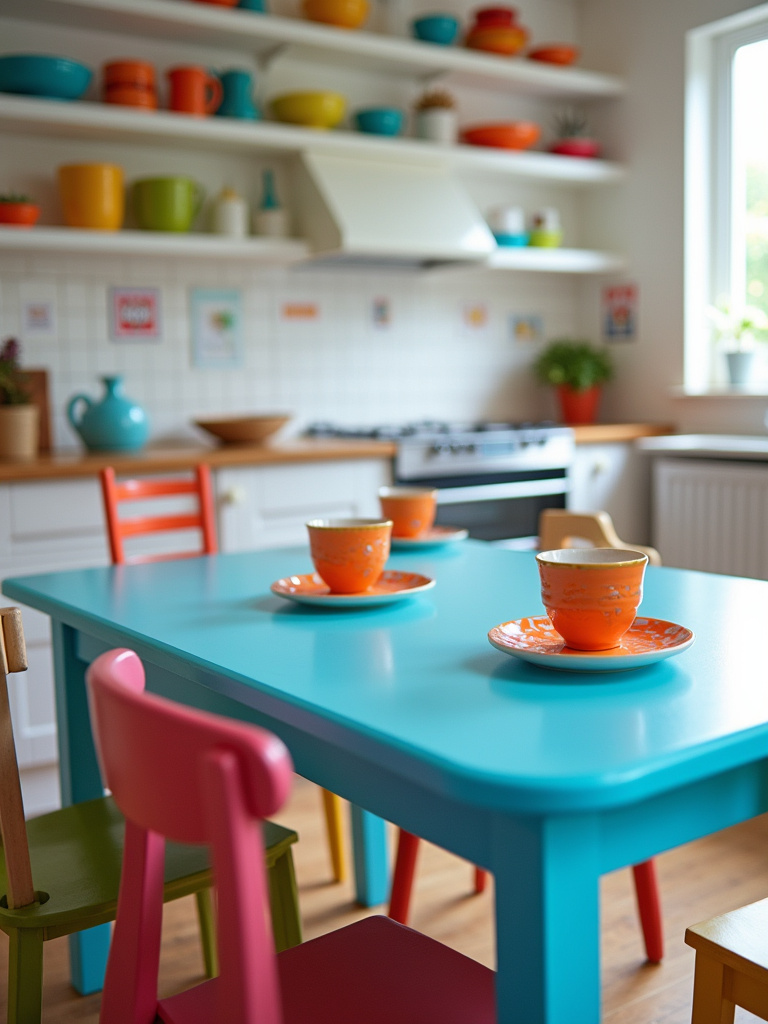 Colorful bright blue laminate kitchen table in a modern eclectic kitchen.