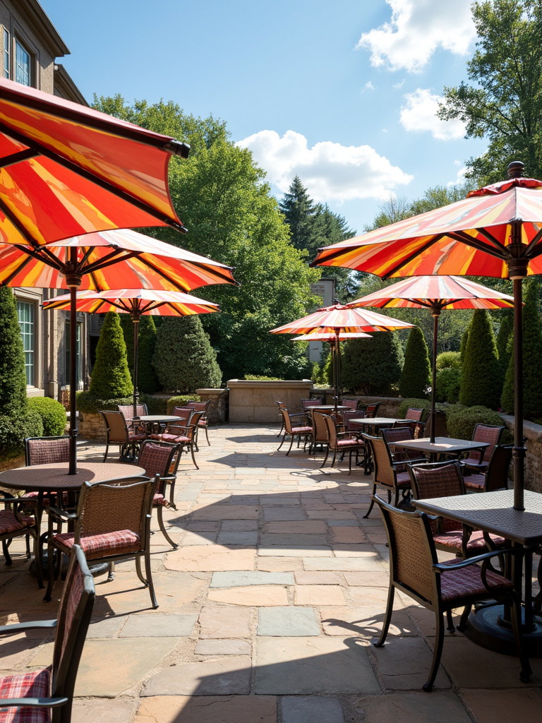 A vibrant back porch with colorful outdoor umbrellas for shade and style.