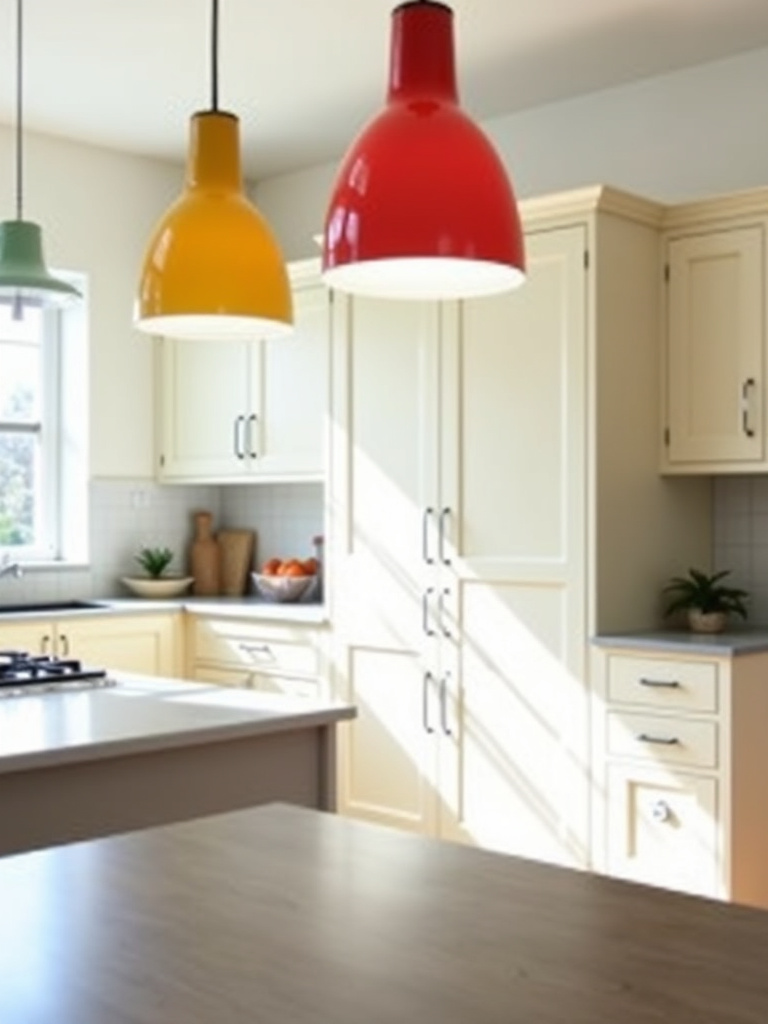 A well lit, contemporary kitchen with brightly colored pendant lighting fixtures.