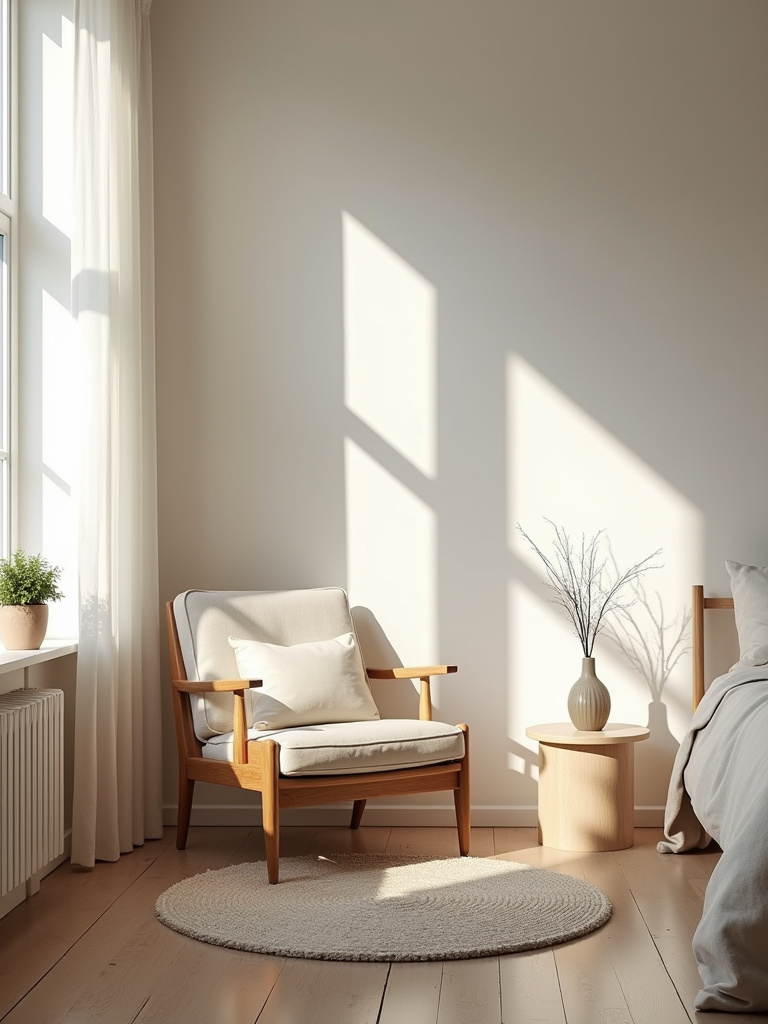 A minimalist bedroom corner showcasing a comfy reading chair with soft daylight.