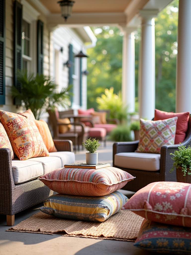 A cozy back porch furnished with weather-resistant outdoor seating and throw pillows.